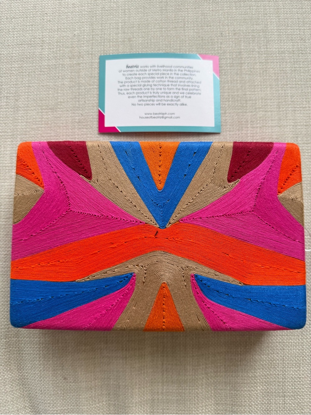 House of Beatriz Multicolor Embroidered Box bag - Pink, Orange, Blue, Tan